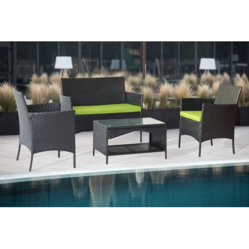 4-Piece Outdoor Wicker Conversation Furniture Set with Green Cushions and Tempered Glass Table