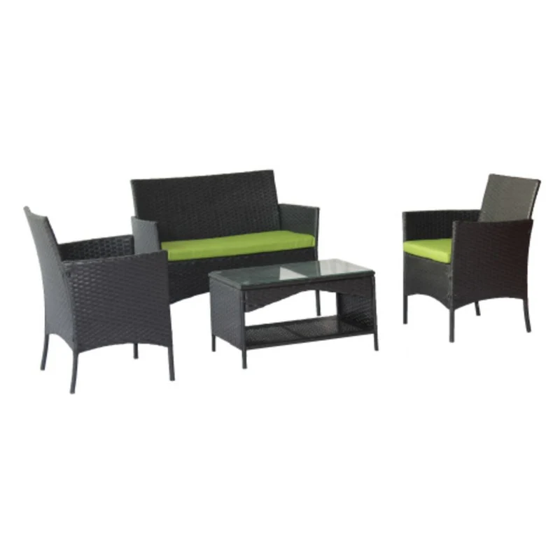 4-Piece Outdoor Wicker Conversation Furniture Set with Green Cushions and Tempered Glass Table