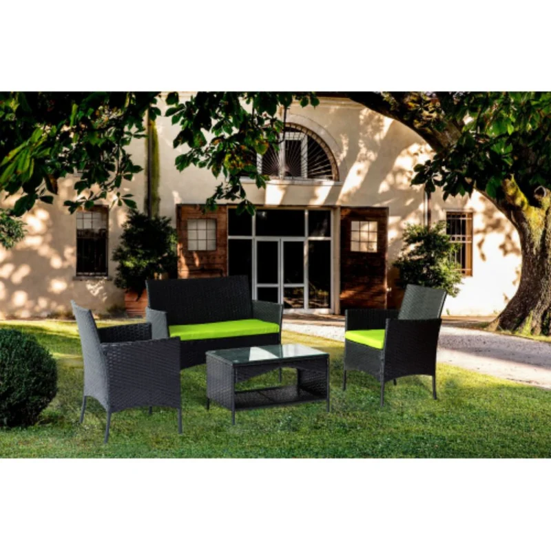4-Piece Outdoor Wicker Conversation Furniture Set with Green Cushions and Tempered Glass Table