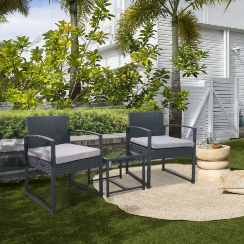 Black 3-Piece Rattan Wicker Outdoor Patio Conversation Set with Gray Cushion