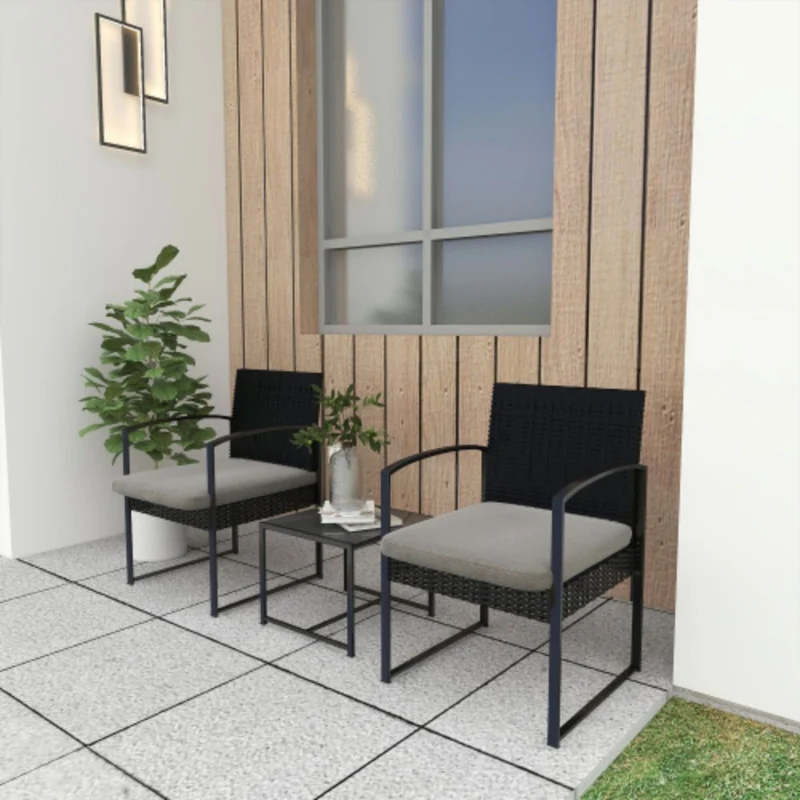 Black 3-Piece Rattan Wicker Outdoor Patio Conversation Set with Gray Cushion