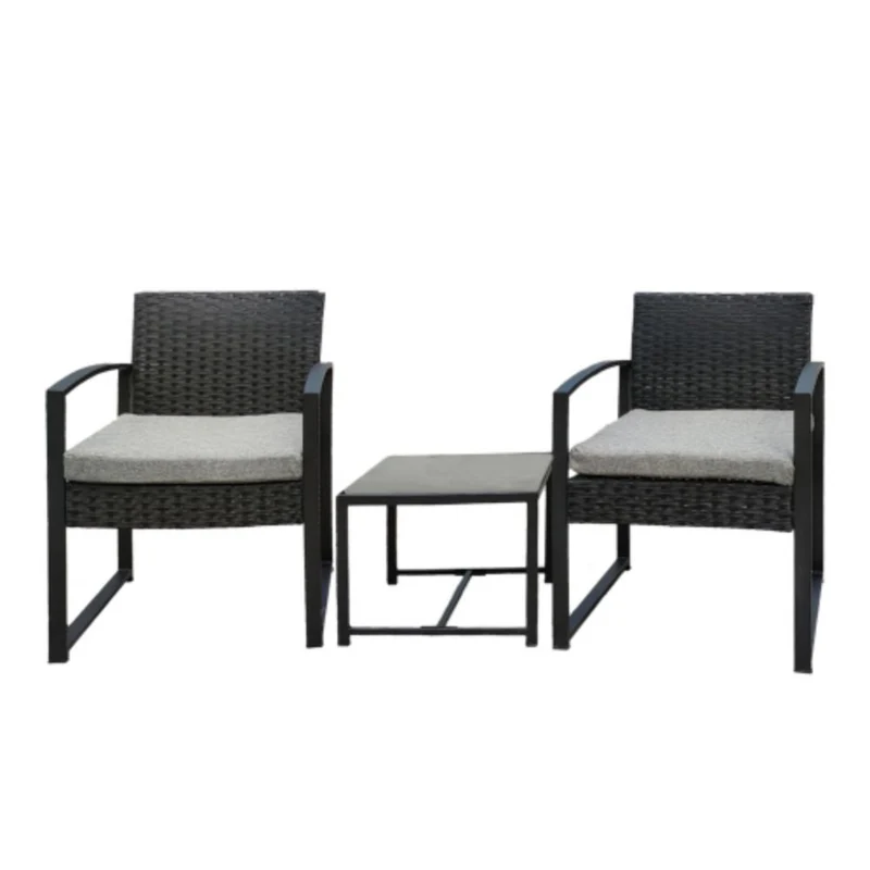 Black 3-Piece Rattan Wicker Outdoor Patio Conversation Set with Gray Cushion