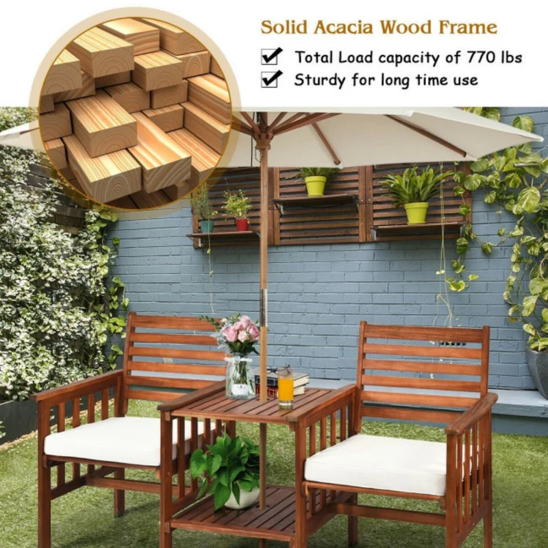 3-Piece Outdoor Wood Patio Conversation Set Acacia Wood Chair Coffee Table with White Cushions