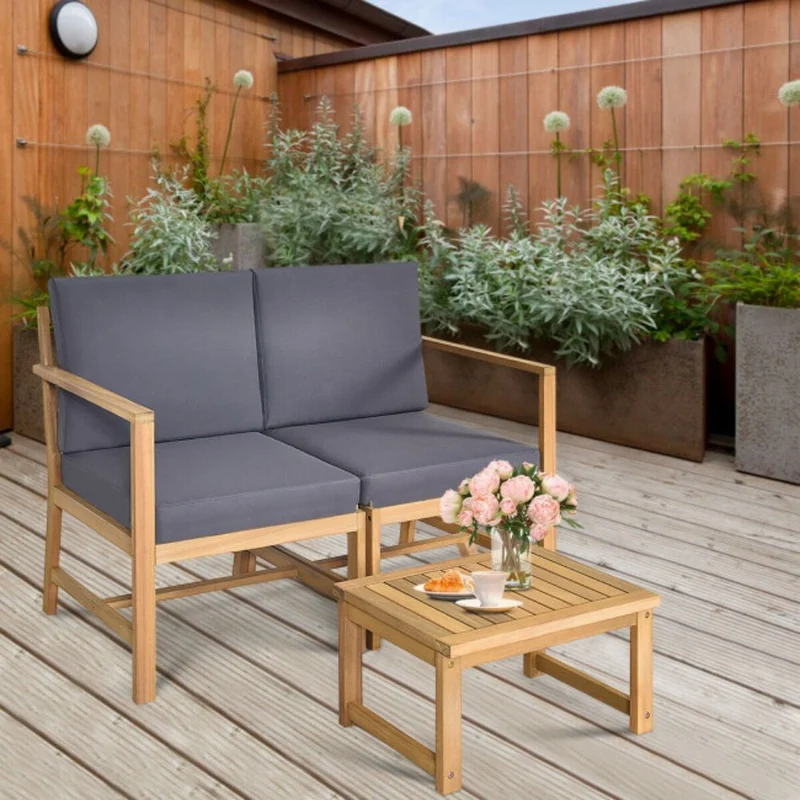 3-In-1 Acacia Wood Loveseat with Separable Coffee Table and Cushions