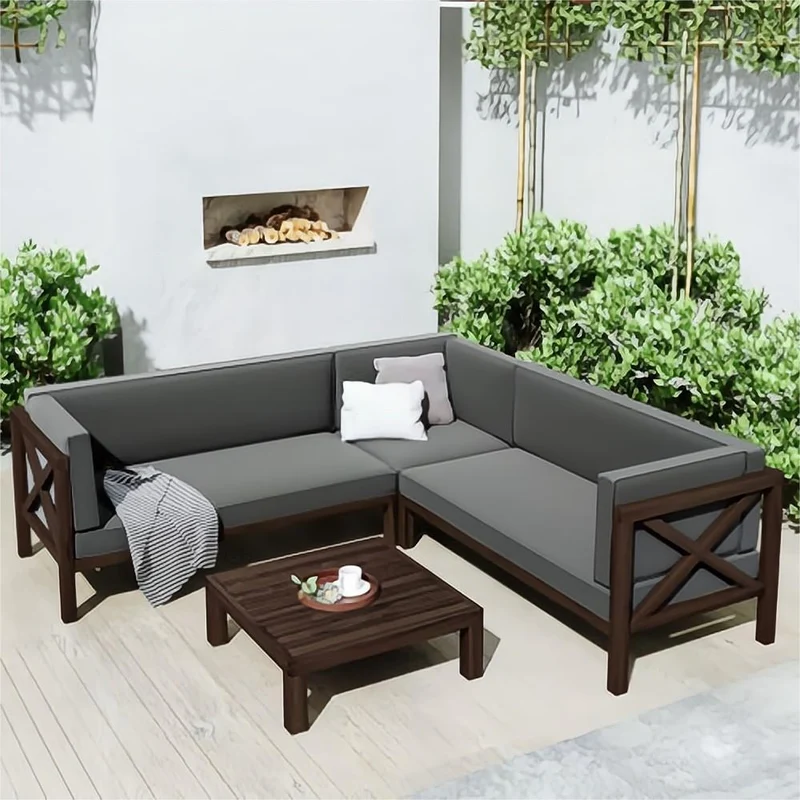 4-Piece Outdoor Wood Patio Backyard Sectional Seating Group with Gray Cushions and Table