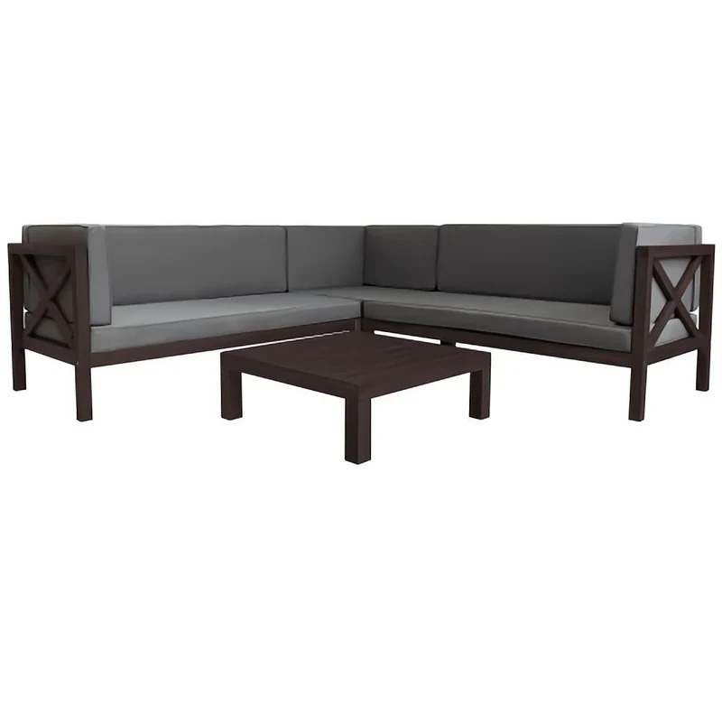 4-Piece Outdoor Wood Patio Backyard Sectional Seating Group with Gray Cushions and Table