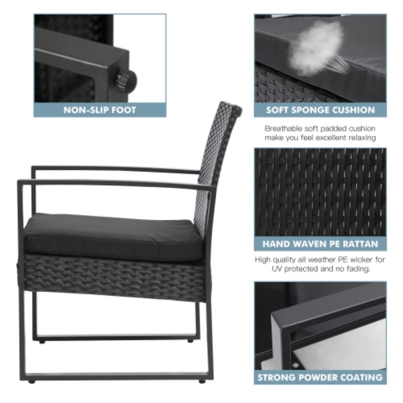 3-Piece Rattan Wicker Outdoor Patio Conversation Set with Black Cushion