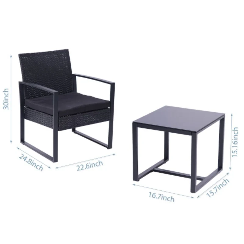 3-Piece Rattan Wicker Outdoor Patio Conversation Set with Black Cushion