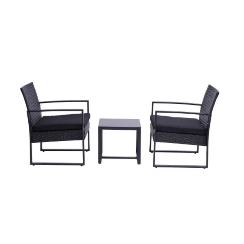 3-Piece Rattan Wicker Outdoor Patio Conversation Set with Black Cushion