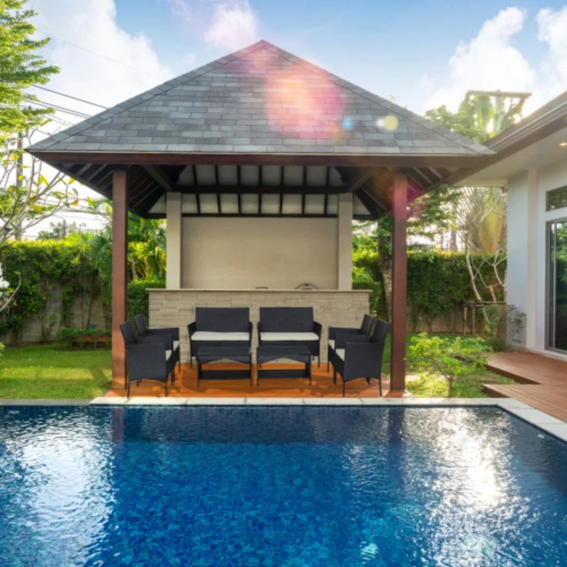 4-Piece Rattan Outdoor Conversation Seating Set with Beige Cushion and Patio Tempered Glass Table