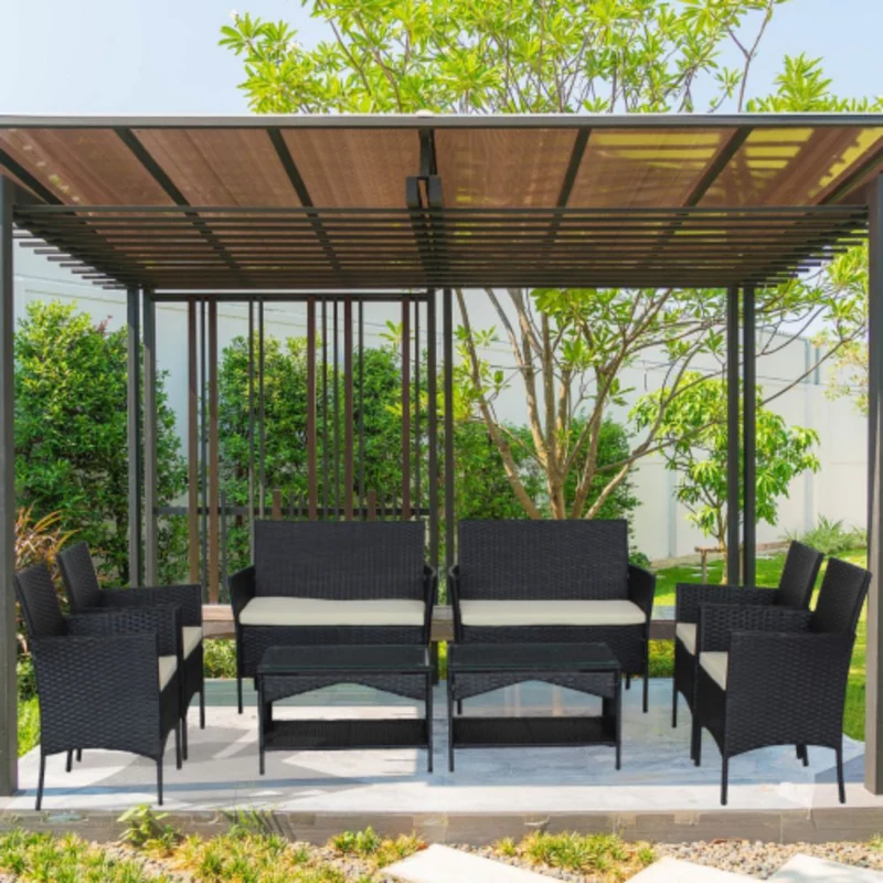 4-Piece Rattan Outdoor Conversation Seating Set with Beige Cushion and Patio Tempered Glass Table