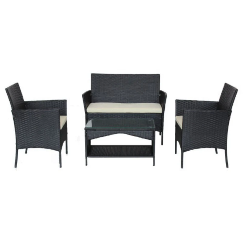 4-Piece Rattan Outdoor Conversation Seating Set with Beige Cushion and Patio Tempered Glass Table