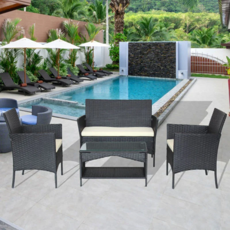 4-Piece Rattan Outdoor Conversation Seating Set with Beige Cushion and Patio Tempered Glass Table