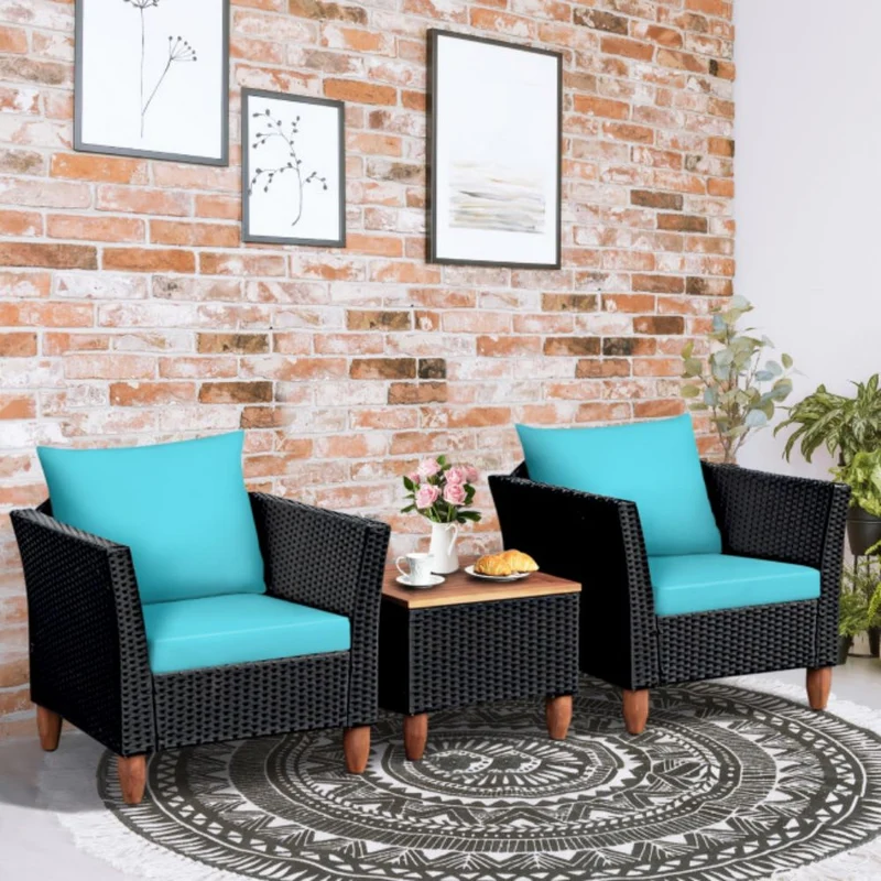 3-Pieces Rattan Outdoor Patio Conversation Set with Turquoise Cushions