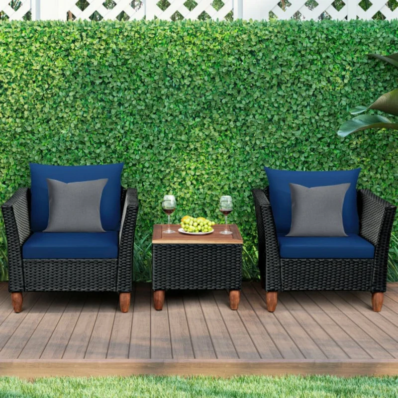 3-Pieces Rattan Outdoor Patio Conversation Set with Navy Cushions