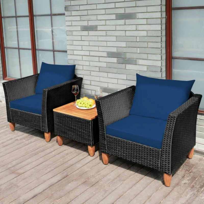 3-Pieces Rattan Outdoor Patio Conversation Set with Navy Cushions