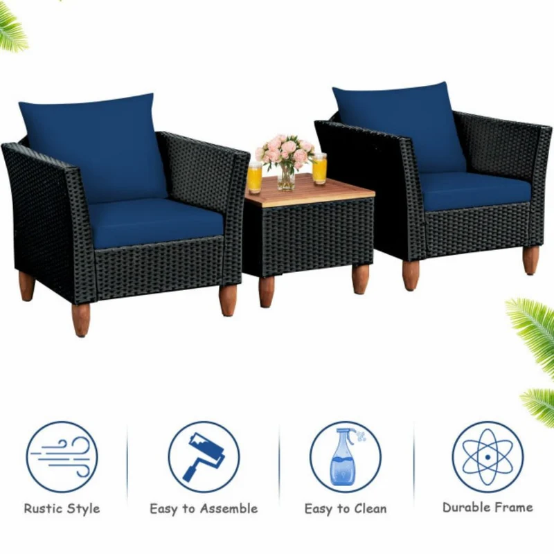 3-Pieces Rattan Outdoor Patio Conversation Set with Navy Cushions