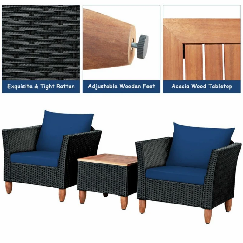 3-Pieces Rattan Outdoor Patio Conversation Set with Navy Cushions