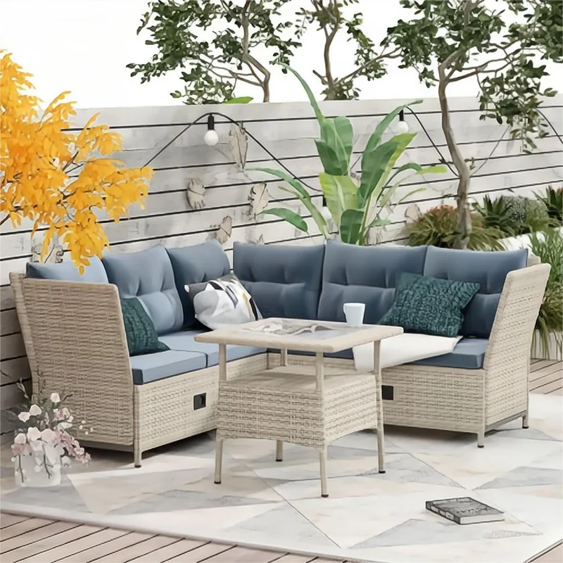 4-Piece All Weather PE Wicker Rattan Outdoor Patio Conversation Sofa Set with Gray Cushions and Adjustable Backs