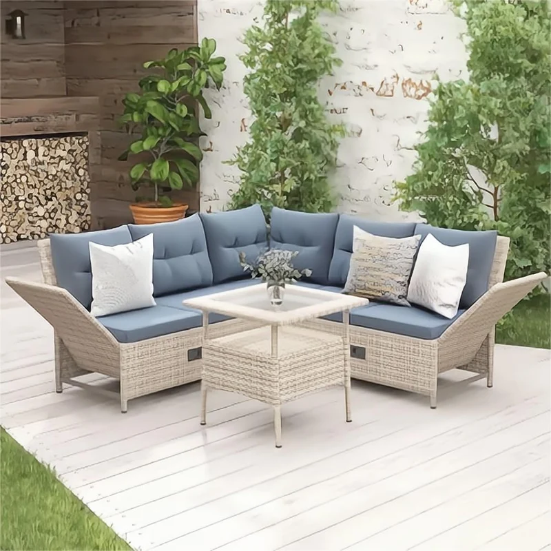 4-Piece All Weather PE Wicker Rattan Outdoor Patio Conversation Sofa Set with Gray Cushions and Adjustable Backs