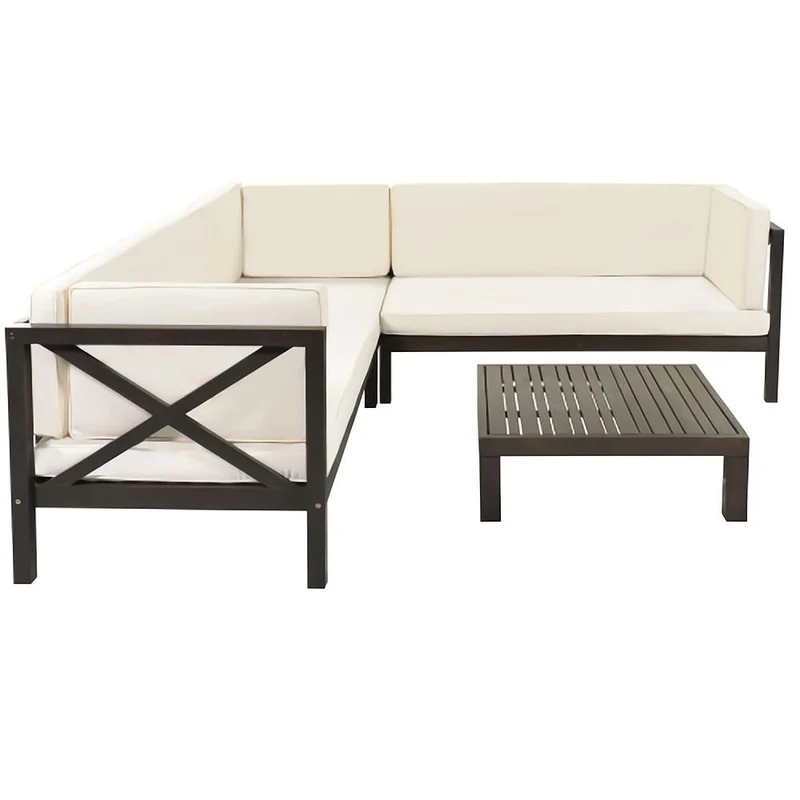 4-Piece Outdoor Wood Patio Backyard Sectional Seating Group with Beige Cushions and Table