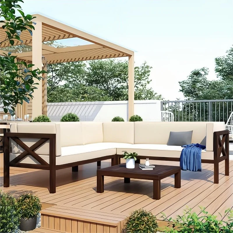 4-Piece Outdoor Wood Patio Backyard Sectional Seating Group with Beige Cushions and Table