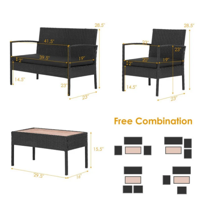 4-Piece Rattan Patio Conversation Furniture Set with Wood Tabletop and Black Cushions