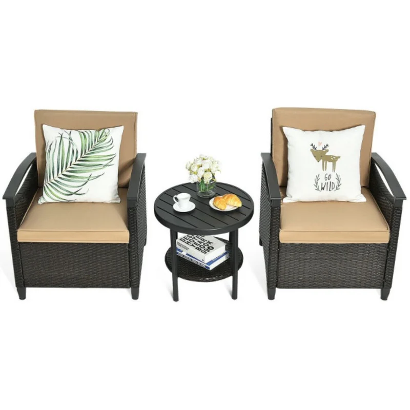3-Pieces Outdoor Rattan steel Frame Patio Conversation Furniture Set with Brown Cushion