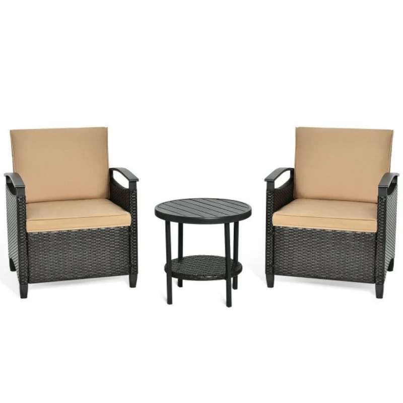 3-Pieces Outdoor Rattan steel Frame Patio Conversation Furniture Set with Brown Cushion