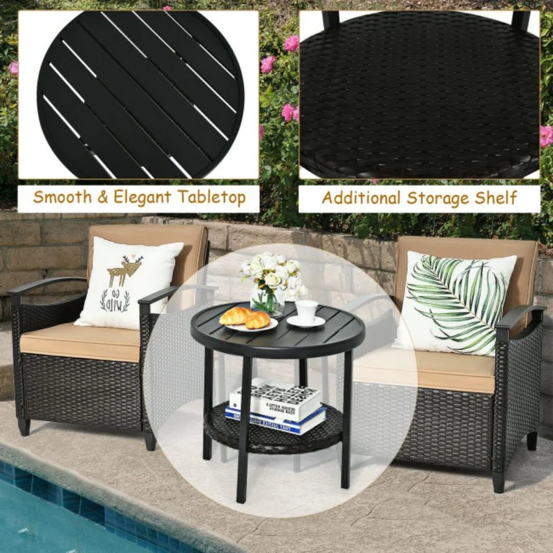 3-Pieces Outdoor Rattan steel Frame Patio Conversation Furniture Set with Brown Cushion