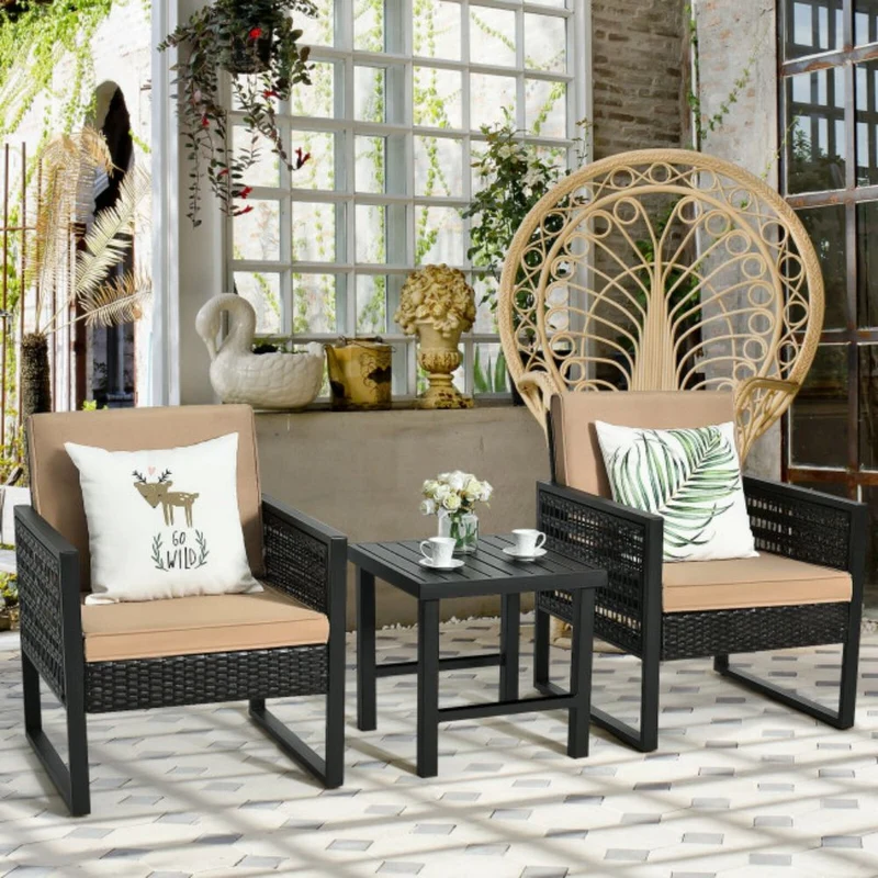 3-Pieces Outdoor Rattan steel Frame Patio Conversation Furniture Set with Brown Cushion