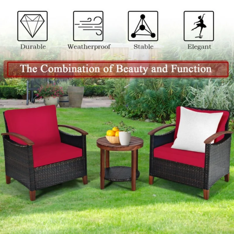 3-Pieces Outdoor Wicker Wooden Frame Patio Conversation Furniture Set with Red Cushion