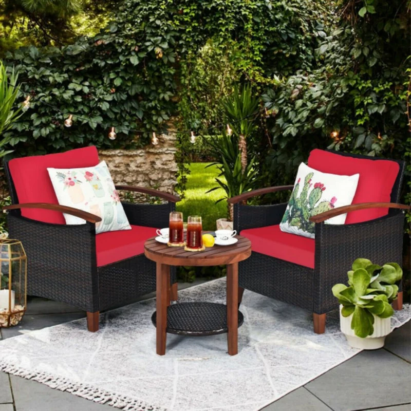 3-Pieces Outdoor Wicker Wooden Frame Patio Conversation Furniture Set with Red Cushion