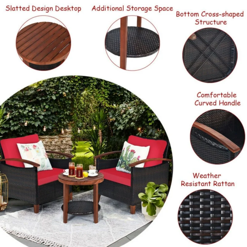 3-Pieces Outdoor Wicker Wooden Frame Patio Conversation Furniture Set with Red Cushion