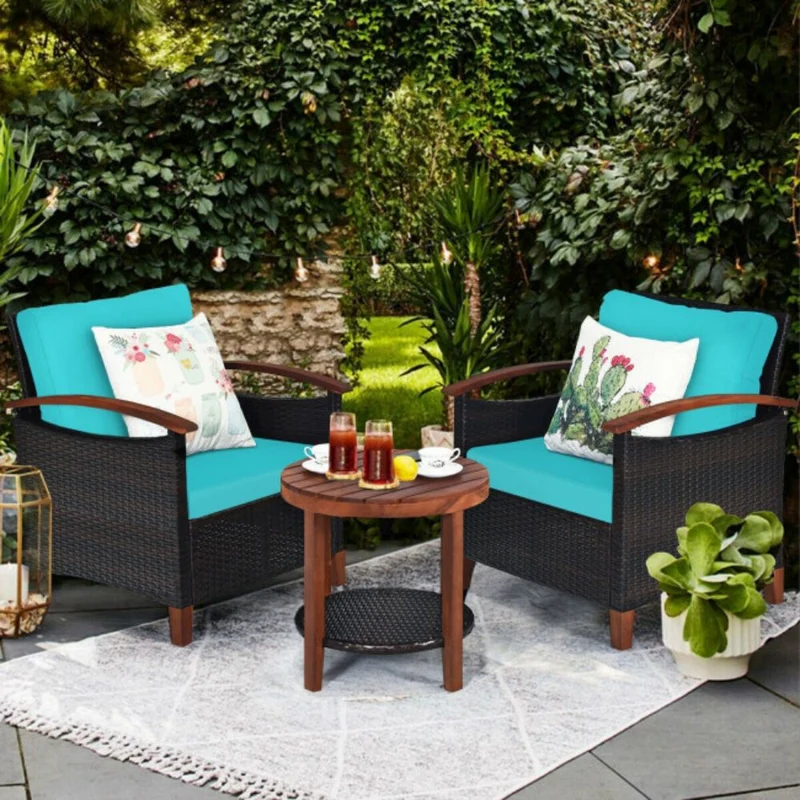 3-Pieces Outdoor Wicker Wooden Frame Patio Conversation Furniture Set with Turquoise Cushion
