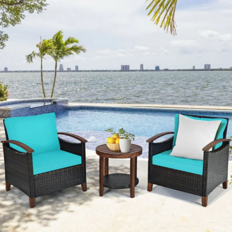 3-Pieces Outdoor Wicker Wooden Frame Patio Conversation Furniture Set with Turquoise Cushion