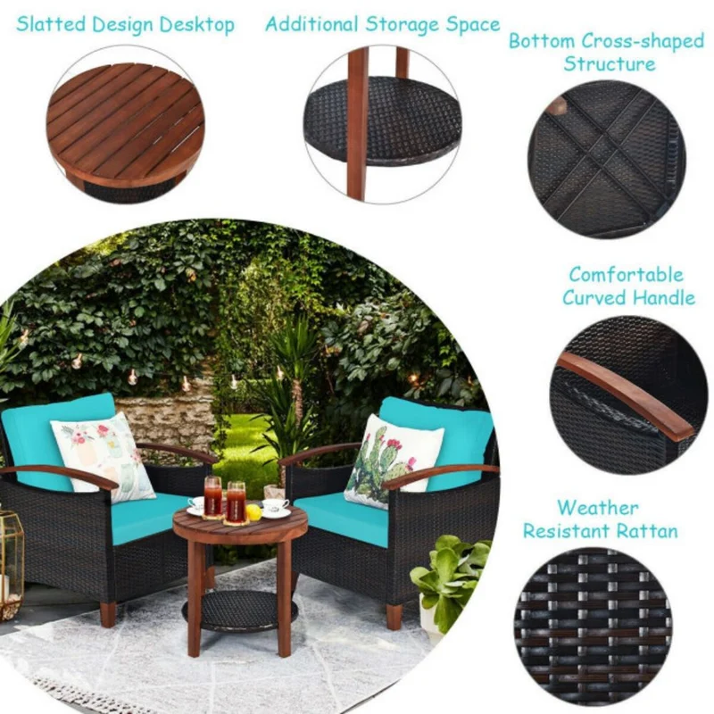 3-Pieces Outdoor Wicker Wooden Frame Patio Conversation Furniture Set with Turquoise Cushion