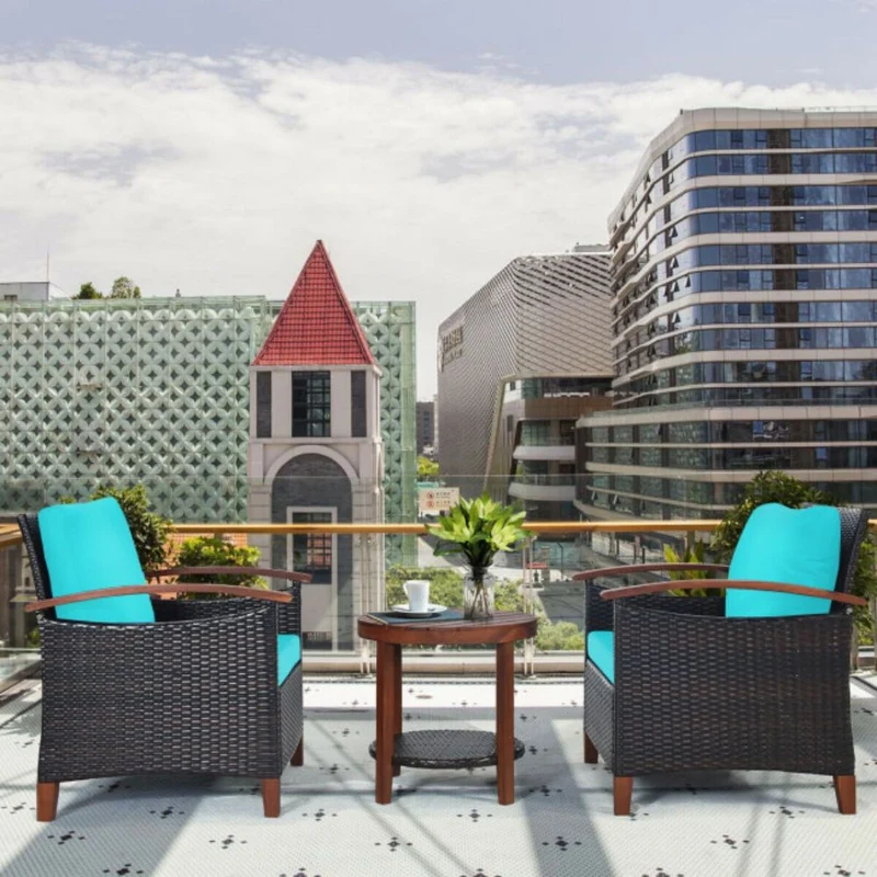 3-Pieces Outdoor Wicker Wooden Frame Patio Conversation Furniture Set with Turquoise Cushion