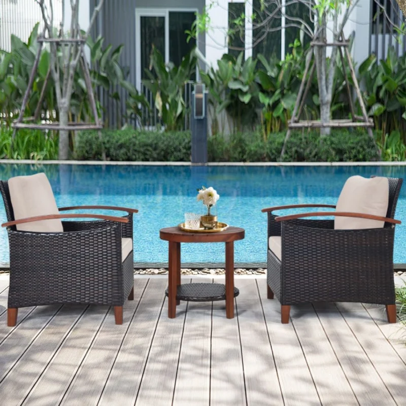 3-Pieces Outdoor Wicker Wooden Frame Patio Conversation Furniture Set with Beige Cushion