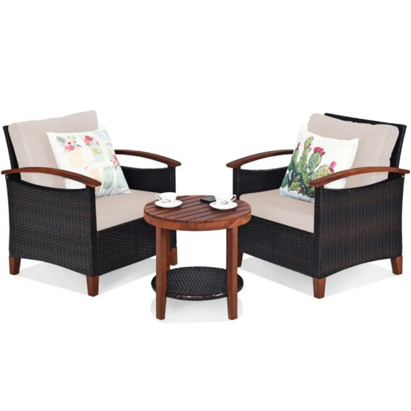 3-Pieces Outdoor Wicker Wooden Frame Patio Conversation Furniture Set with Beige Cushion