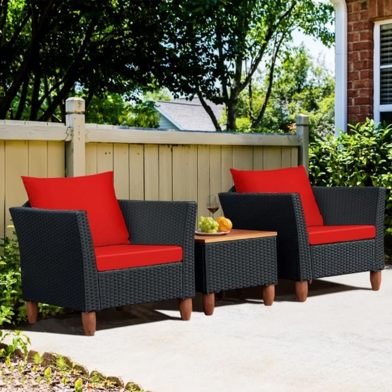 3-Pieces Outdoor Patio Rattan Conversation Set with Red Cushions