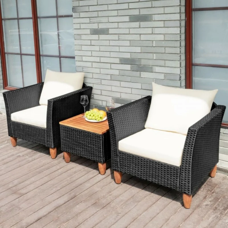 3-Pieces Outdoor Patio Rattan Conversation Set with White Cushions