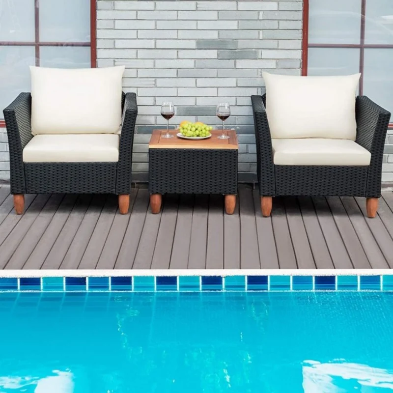 3-Pieces Outdoor Patio Rattan Conversation Set with White Cushions