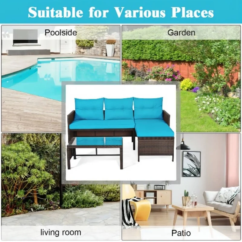 3-Piece Wicker Outdoor Corner Sectional Sofa Set with Turquoise Cushions and Coffee Table
