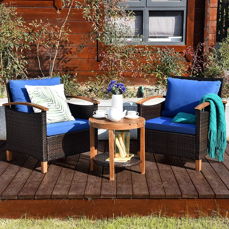 3-Pieces Outdoor Wicker Wooden Frame Patio Conversation Furniture Set with Blue Cushion