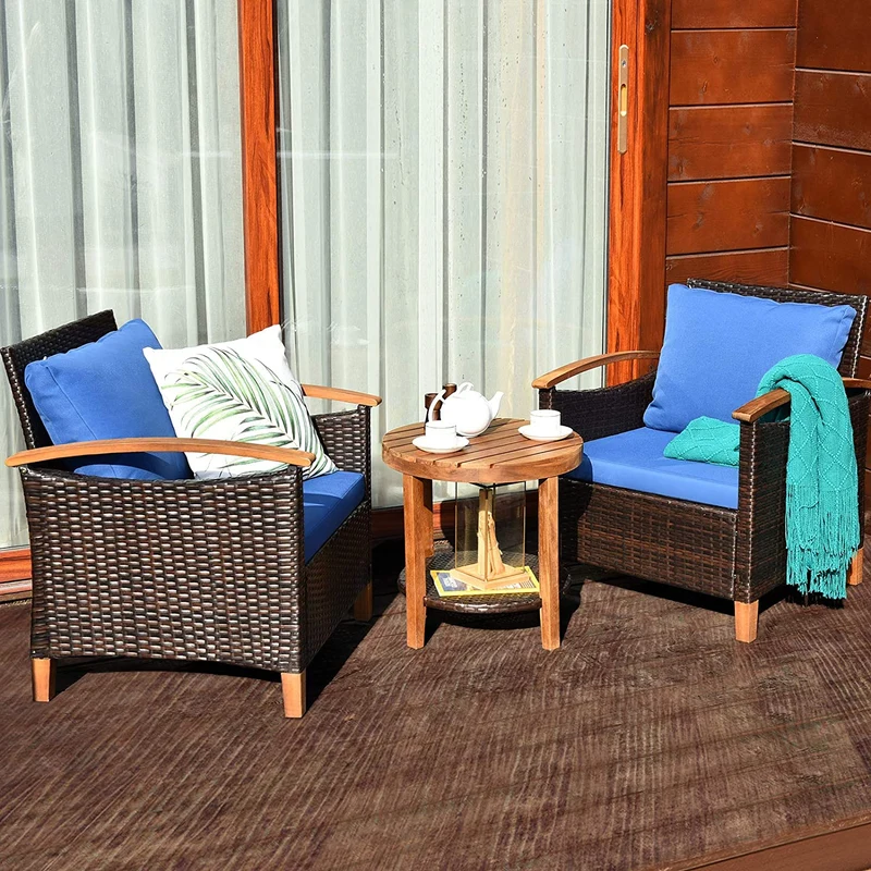 3-Pieces Outdoor Wicker Wooden Frame Patio Conversation Furniture Set with Blue Cushion