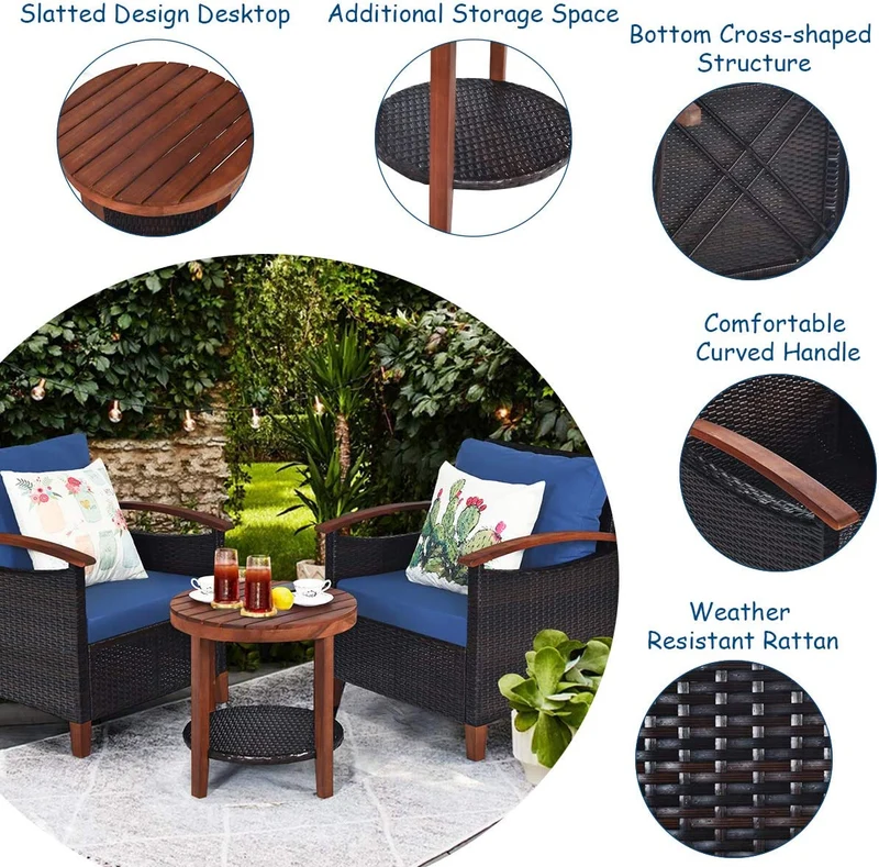 3-Pieces Outdoor Wicker Wooden Frame Patio Conversation Furniture Set with Blue Cushion