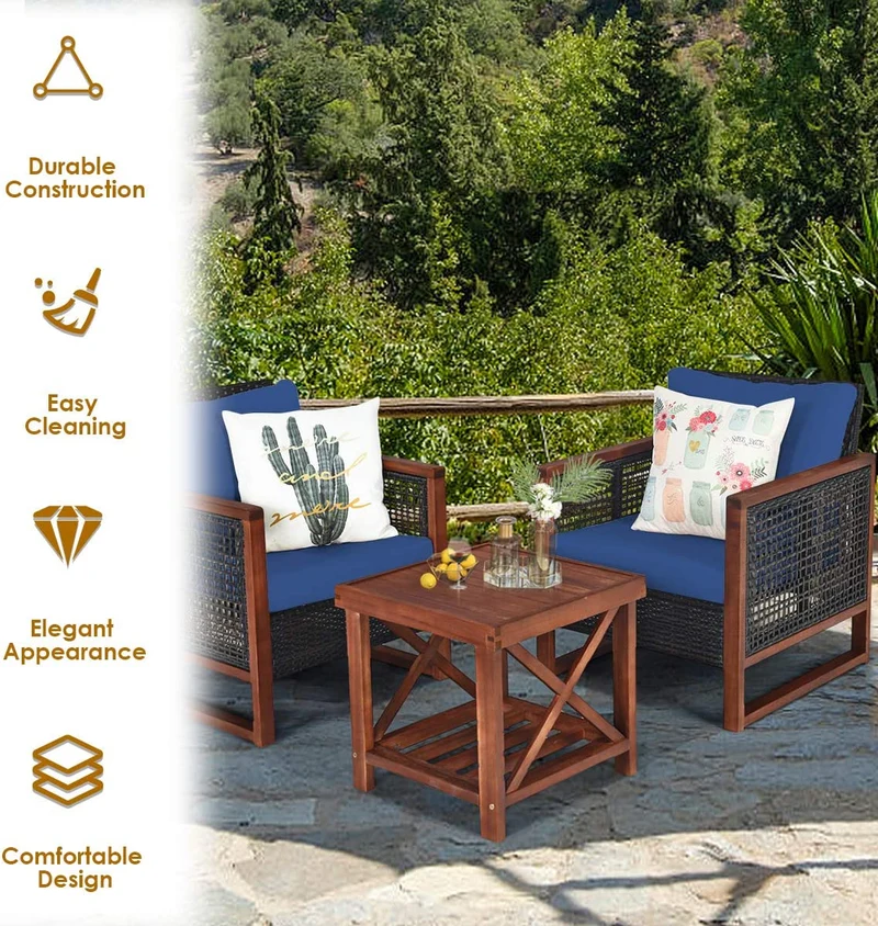 3-Pieces Outdoor Wicker Wooden Frame Patio Conversation Furniture Set with Navy Cushion
