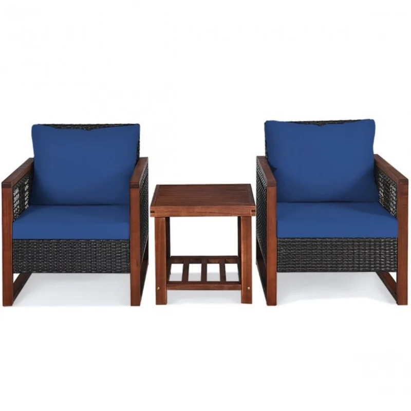 3-Pieces Outdoor Wicker Wooden Frame Patio Conversation Furniture Set with Navy Cushion