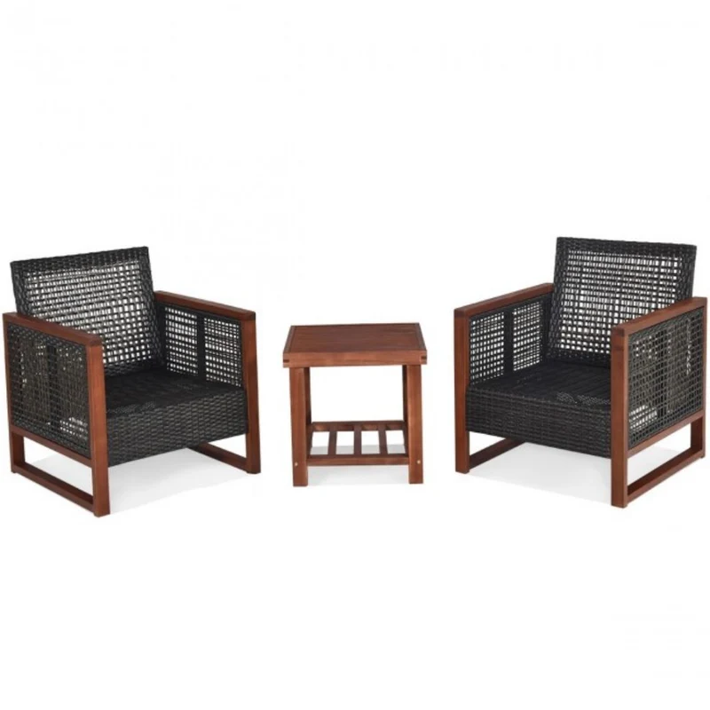 3-Pieces Outdoor Wicker Wooden Frame Patio Conversation Furniture Set with Navy Cushion